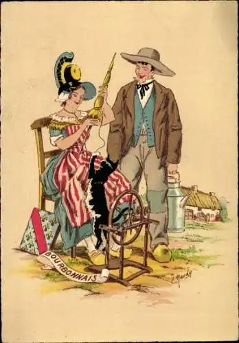 Künstler Ak Allier, Bourbonnais, Paar in Trachten, Spinnrad