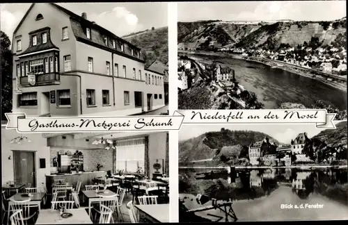 Ak Niederfell an der Mosel, Gasthaus-Metzgerei Schunk, Innenansicht, Panorama vom Ort