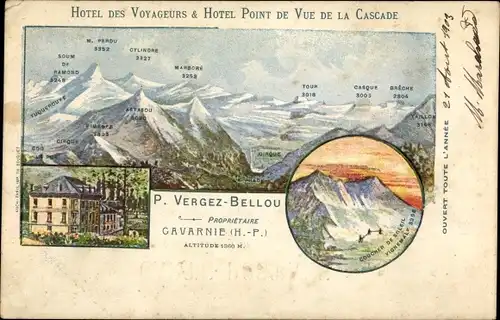Litho Gavarnie Hautes Pyrénées, Hotel des Voyageurs et Hotel Point Vue de la Cascade, Cylindre, Tour