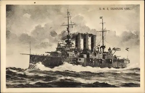 Künstler Ak Österreichisches Kriegsschiff SMS Erzherzog Karl, Schlachtschiff, K. u. K. Marine