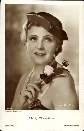 Ak Schauspielerin Mady Christians, Portrait, Hut, Rose, Ross 4150/1