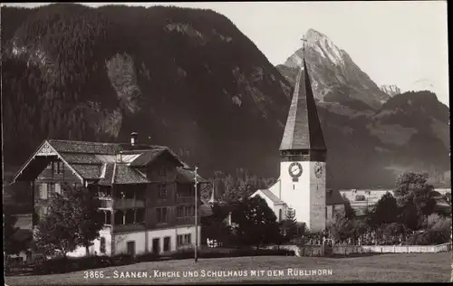 Ak Saanen Kanton Bern, Kirche, Schulhaus, Rüblihorn