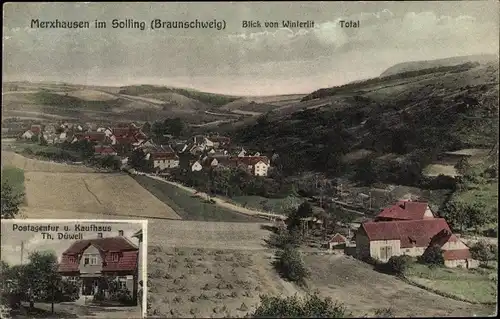 Ak Merxhausen Heinade im Solling, Postagentur, Kaufhaus, Panorama von Winterlit