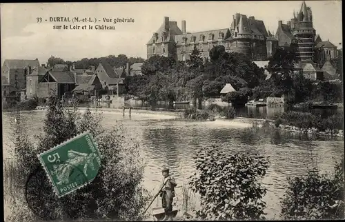 Ak Durtal Maine et Loire, Le Chateau, Vue generale sur le Loir et le Chateau