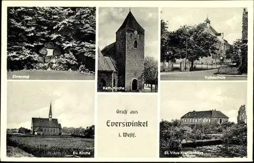 Ak Everswinkel in Westfalen, Kirchen, Ehrenmal, St. Vitus Krankenhaus, Volksschule