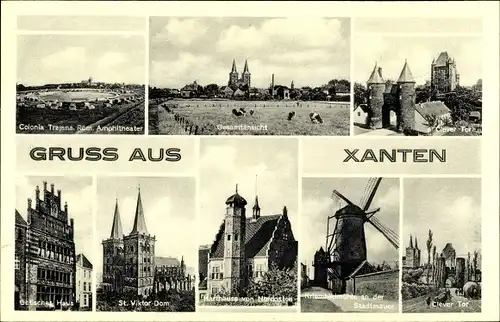 Ak Xanten am Niederrhein, Gesamtansicht, Windmühle, Stadtmauer, Karthause, St. Viktor Dom, Tor