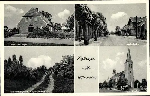 Ak Börger in Niedersachsen, Jugendherberge, Waldstraße, Naturschutzgebiet, Kirche