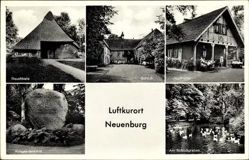 Ak Neuenburg Zetel in Friesland, Rauchkate, Schloss, Jagdhütte, Kriegerdenkmal, Schlossgraben