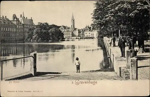 Ak 's Gravenhage Den Haag Südholland, De Vijver, Uferpromenade, Kirchturm