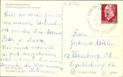 Ak Bad Blankenburg in Thüringen, FDGB Erholungsheim Greifenstein