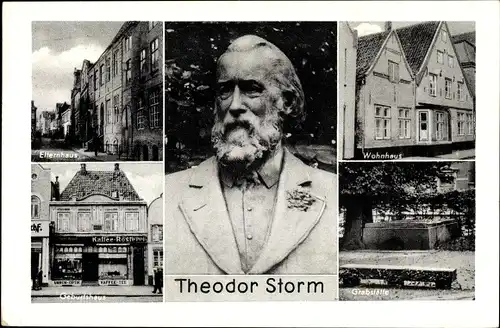 Ak Husum in Nordfriesland, Theodor Sturm Büste, Wohnhaus, Grabstätte, Elterhaus, Geburtshaus