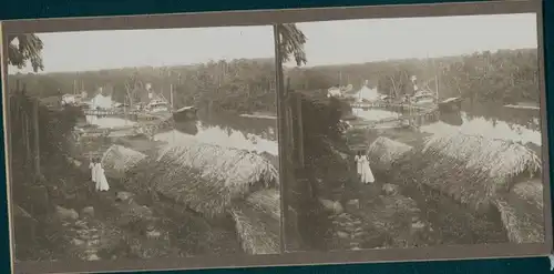 Stereo Foto Südamerika, Regenwald, Indios, Dorfpartie, Strohhütten, Dampfer, Weltreise 1914