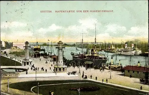 Ak Szczecin Stettin Pommern, Hafenpartie vor der Hakenterreasse