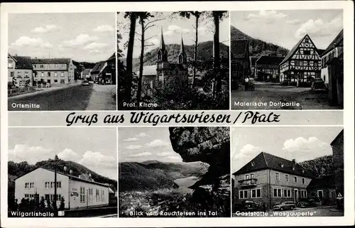 Ak Wilgartswiesen in der Pfalz, Alte Fachwerkhäuser, Prot. Kirche, Tal Blick vom Rauchfelsen