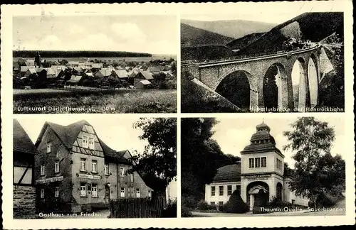 Ak Dörth Rheinland-Pfalz, Panorama, Hubertusbrücke, Thauma Quelle Sauerbrunnen, Gasthaus zum Frieden