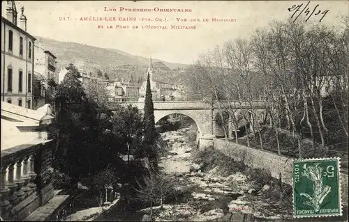 Ak Amelie les Bains Pyrénées Orientales, Vue sur le Mondony et le Pont de l'Hopital Militaire