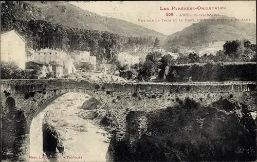 Ak Amelie les Bains Pyrénées Orientales, Vue sur le Tech et le Fort, du Vieux Pont de Palalda