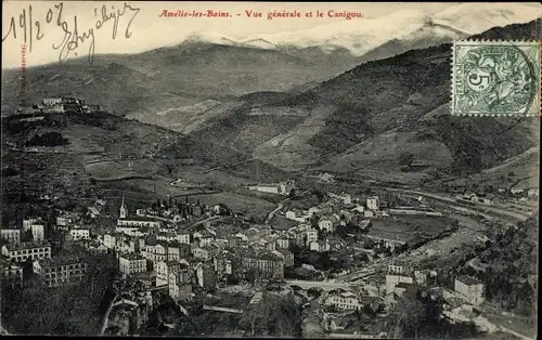 Ak Amelie les Bains Pyrénées Orientales, Vue generale et le Canigou