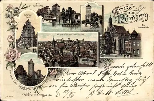 Litho Nürnberg in Mittelfranken Bayern, Petersen Haus, Burg, Heidenturm, Frauenkirche, Henkersteg