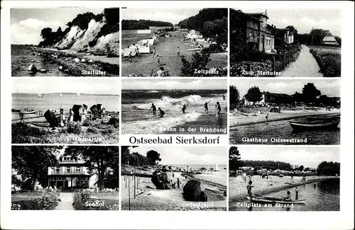 Ak Sierksdorf in Holstein, Seehof, Zeltplatz, Strand, Steilufer, Gasthof Ostseestrand