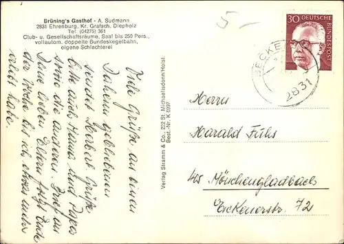 Ak Ehrenburg in Niedersachsen, Brüning's Gasthof mit Kegelbahn, Inhaber A. Sudmann