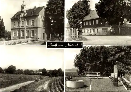 Ak Meinsdorf Callenberg in Sachsen, Teilansichten, Denkmal, Park, Gasthof, Rathaus