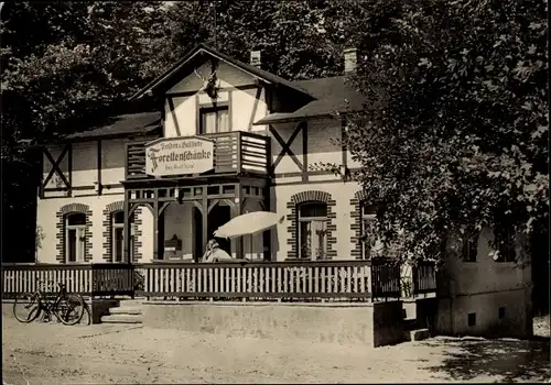 Ak Liegau Augustusbad Radeberg, Blick auf die Forellenschänke, Terrasse