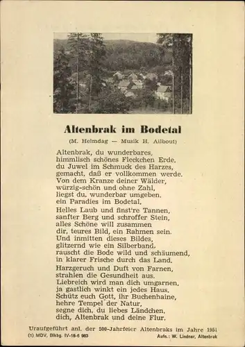 Lied Ak Altenbrak Thale im Harz, Altenbrak im Bodetal, M. Helmdag, Musik H. Ailbout