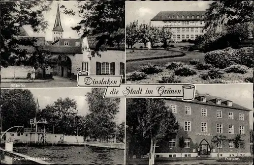 Ak Dinslaken am Niederrhein, Postamt, Gymnasium, Rittertor, Schwimmbad Hiesfeld
