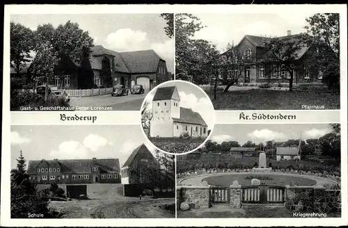 Ak Braderup Kreis Südtondern, Geschäftshaus Peter Lorenzen, Pfarrhaus, Kirche, Schule