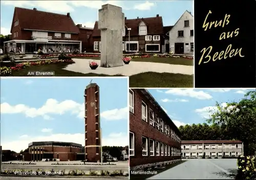 Ak Beelen in Westfalen, Marienschule, Pfarrkirche St. Johannes, Handlung, Ehrenmal