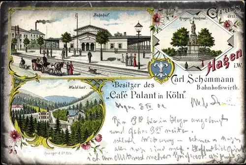 Litho Hagen in Westfalen, Kriegerdenkmal, Bahnhof, Bahnhofswirtschaft, Waldlust