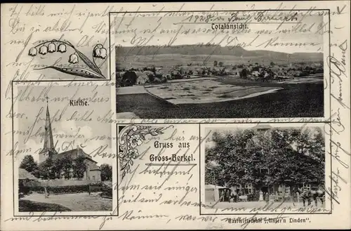 Ak Groß Berkel Aerzen im Weserbergland, Gasthaus Unter'n Linden, Kirche, Totalansicht