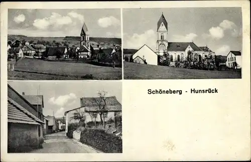 Ak Schöneberg im Hunsrück, Totalansicht der Ortschaft, Kirche