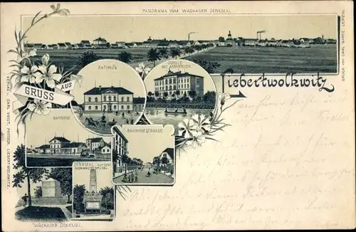 Litho Liebertwolkwitz Leipzig in Sachsen, Panorama, Rathaus, Bahnhofstraße, Denkmal, Bahnhof