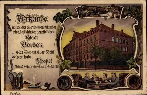 Passepartout Ak Verden an der Aller, Urkunde Glas Bier, Gebäude