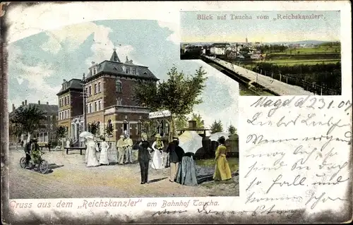 Ak Taucha in Nordsachsen, Gasthaus Reichskanzler, Blick auf den Ort