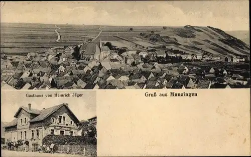 Ak Monzingen an der Nahe, Totalansicht der Ortschaft, Gasthaus