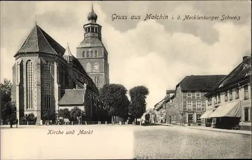 Ak Malchin in Mecklenburg, Kirche, Markt