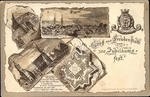 Litho Freudenstadt im Nordschwarzwald, 300. Jubiläumsfest 1899, Stadttor, Stadtkirche