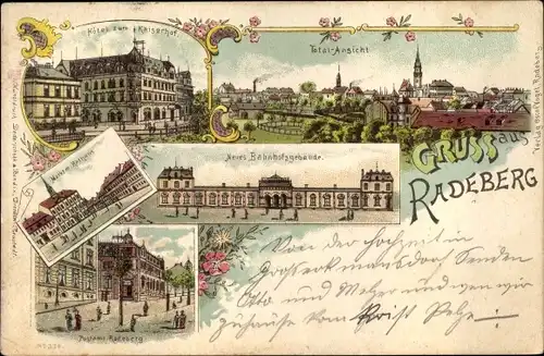 Litho Radeberg im Kreis Bautzen Sachsen, Totalansicht, Bahnhofsgebäude, Markt, Hotel zum Kaiserhof