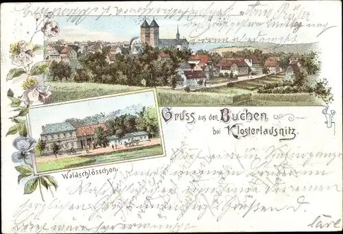 Litho Bad Klosterlausnitz in Thüringen, Gruß aus den Buchen, Waldschlösschen, Blick auf den Ort
