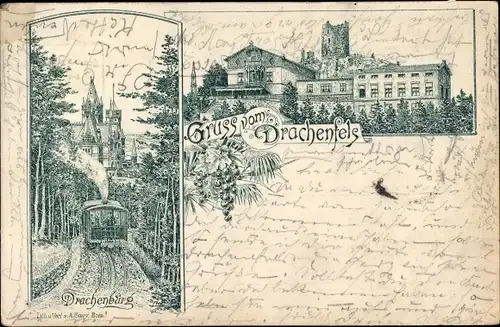 Vorläufer Litho Königswinter am Rhein, Hotel auf dem Drachenfels, Zahnradbahn, 1895