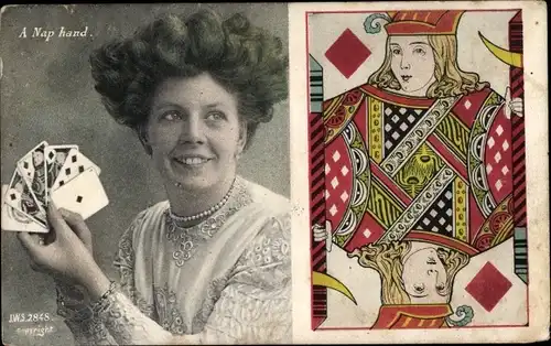 Ak A Nap hand, Frau mit Spielkarten, Karo Bube