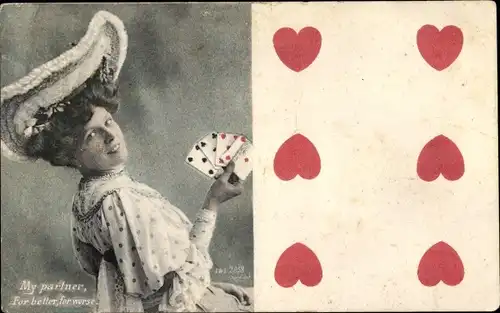 Ak My partner, for better, for worse, Frau mit Spielkarten, Herz