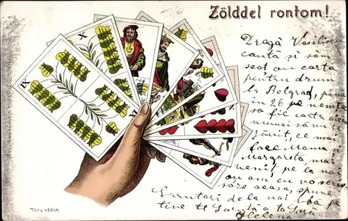 Litho Hand mit Spielkarten