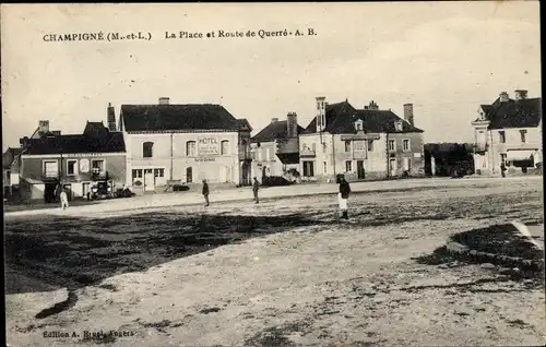 Ak Champigné Maine-et-Loire, La Place et Route de Querre