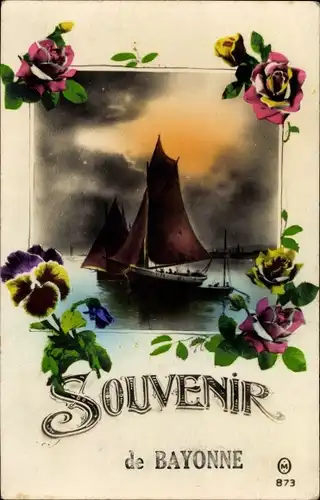 Ak Bayonne Pyrénées Atlantiques, Stiefmütterchen, Rosen, Segelboote, Souvenir