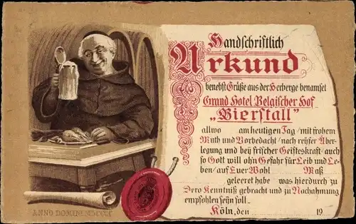 Künstler Ak Köln am Rhein, Grandhotel Belgischer Hof, Bierstall, Urkunde, Mönch mit Bierkrug