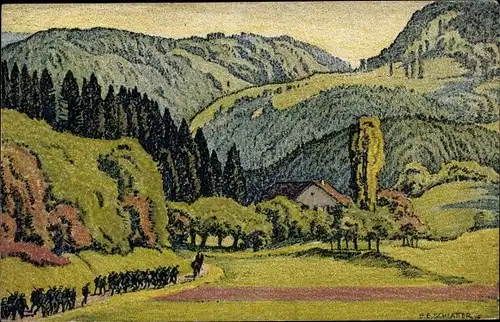 Künstler Ak Schlatter, E. E., Vallee du Jura pres de Fontenais, soldats en marche